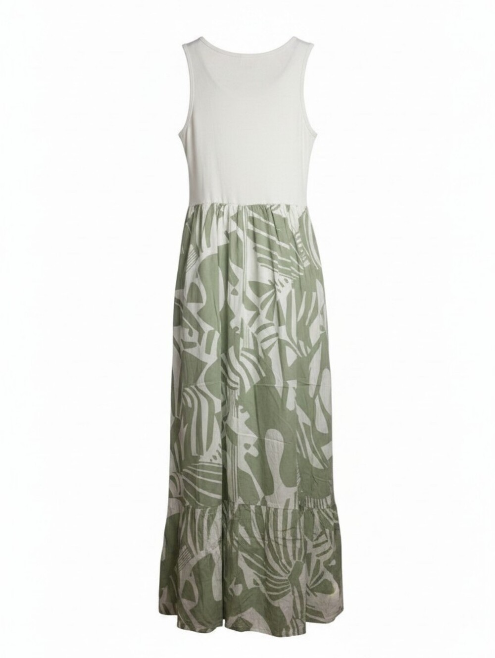 NwT/Nwot Sage Green Leaf-Print Sleeveless Maxi Dress Breezy Tiered Design - Picture 5 of 7